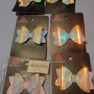 6 Paparazzi Kids Shimmering Bow Hair Clips - Pink and Yellow And Blue